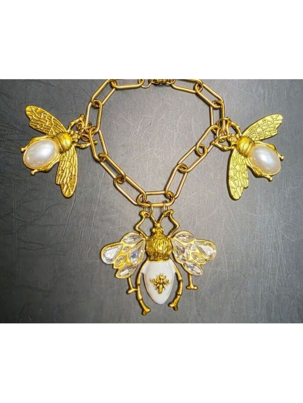 KC Golden Plated Bee Pendant Bracelet with Faux Pearls and Rhinestones